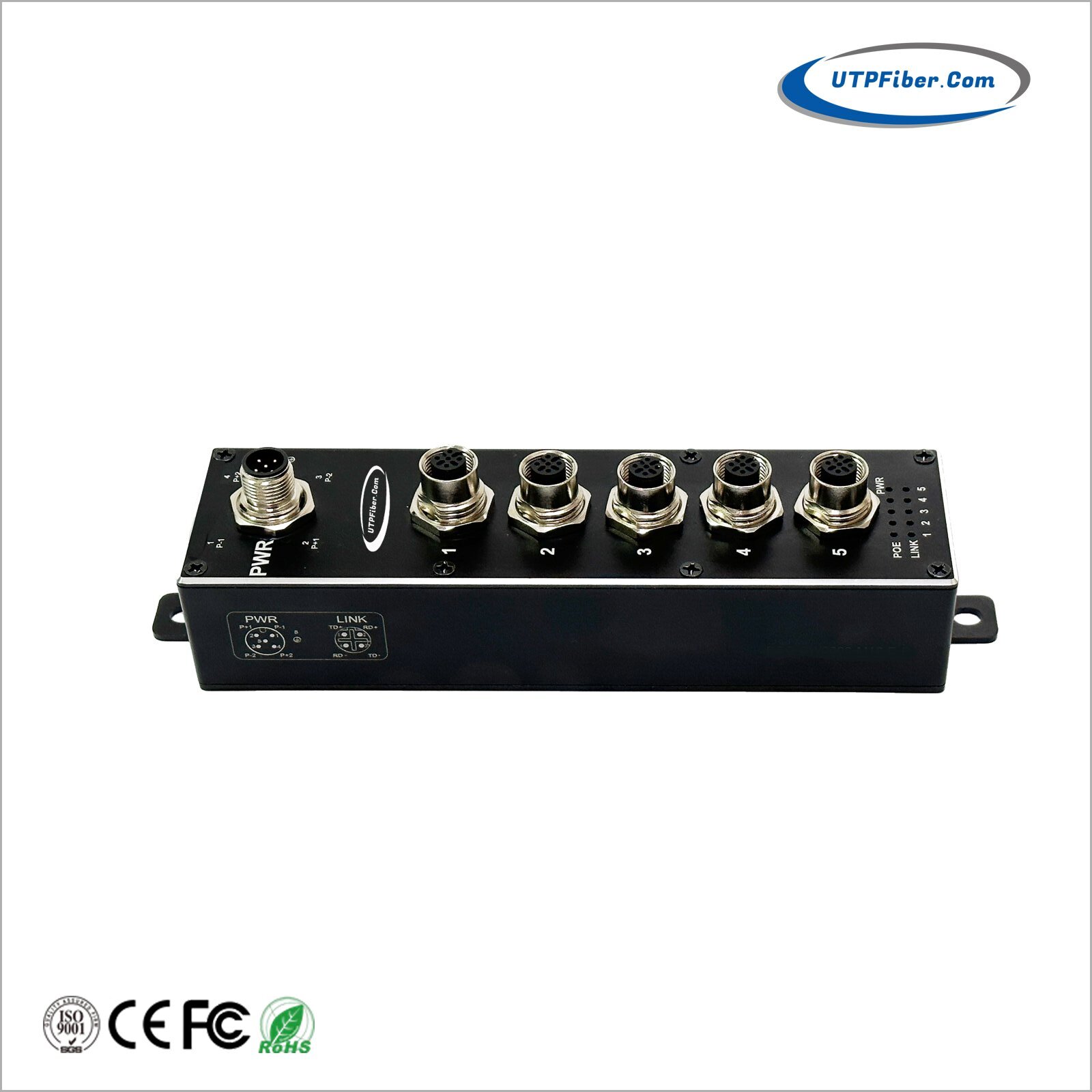 Industrial M12 IP67 Waterproof 4-Port 10/100TX 802.3at PoE + 1-Port 10/100TX Ethernet Switch
