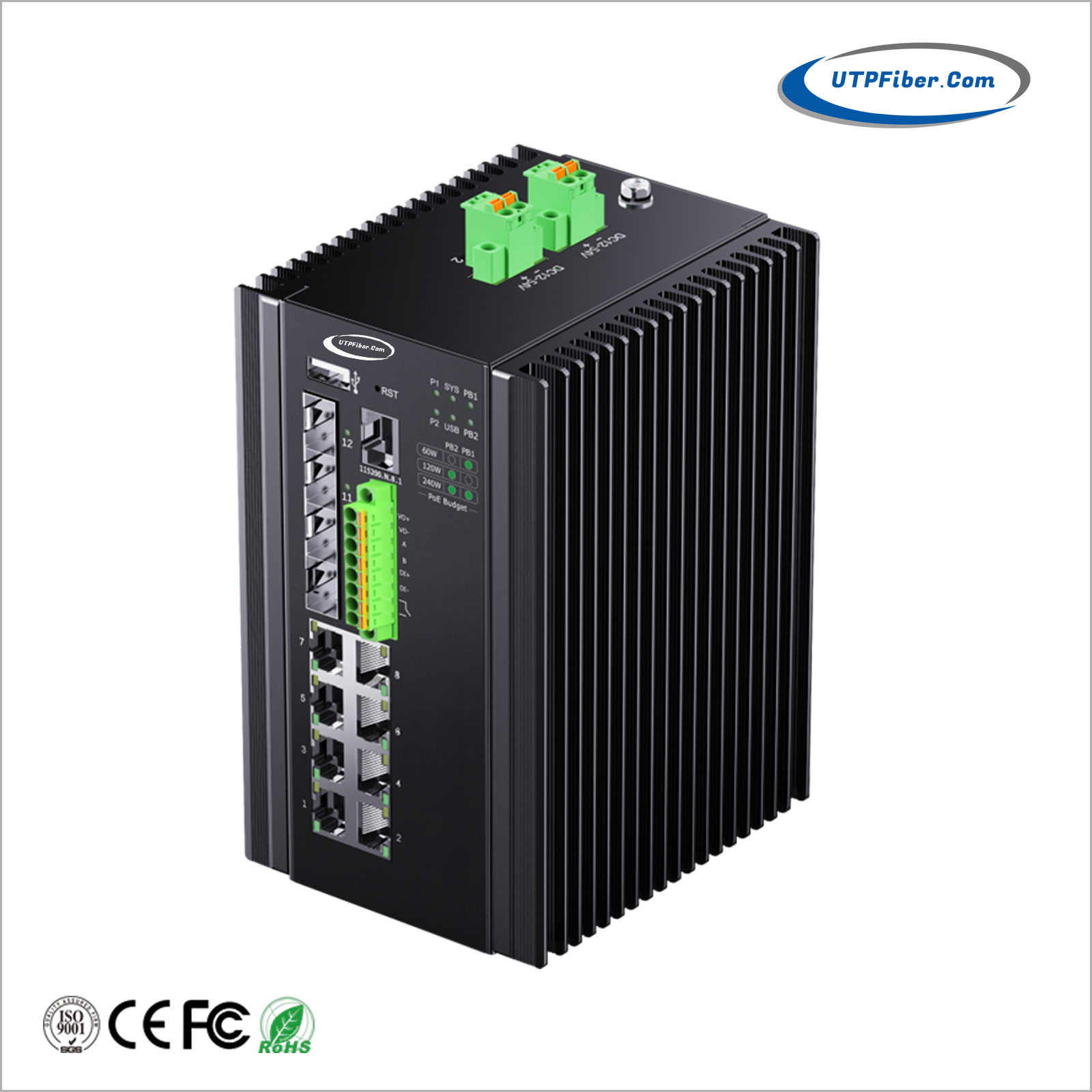 Industrial L2+ 8-Port 1000T 802.3at PoE + 4-Port 1G/2.5G SFP Managed Ethernet Switch w/ 12V Booster