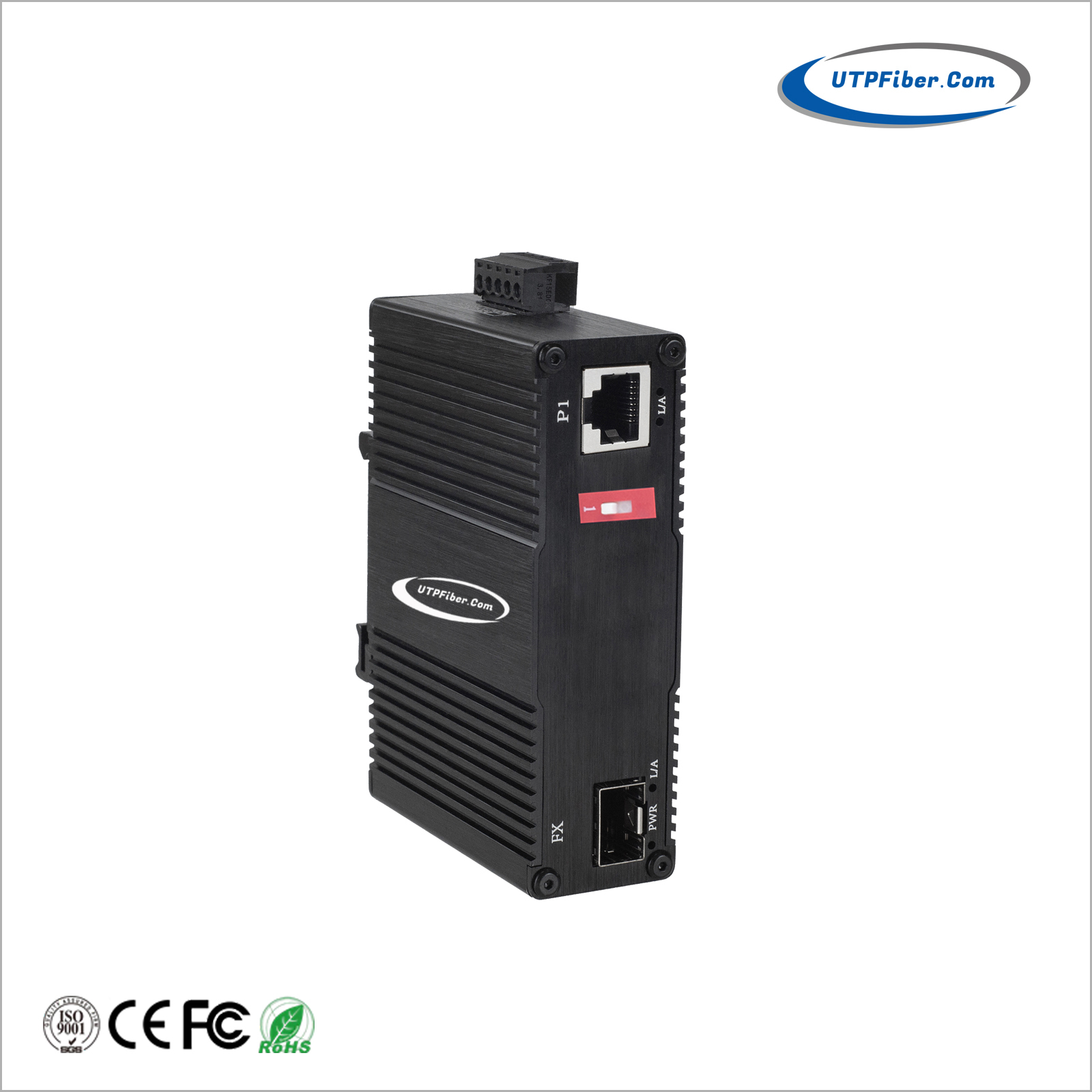 Mini Industrial 100/1000X SFP to 10/100/1000T 802.3bt PoE++ Media Converter w/ 12-56VDC Power Input