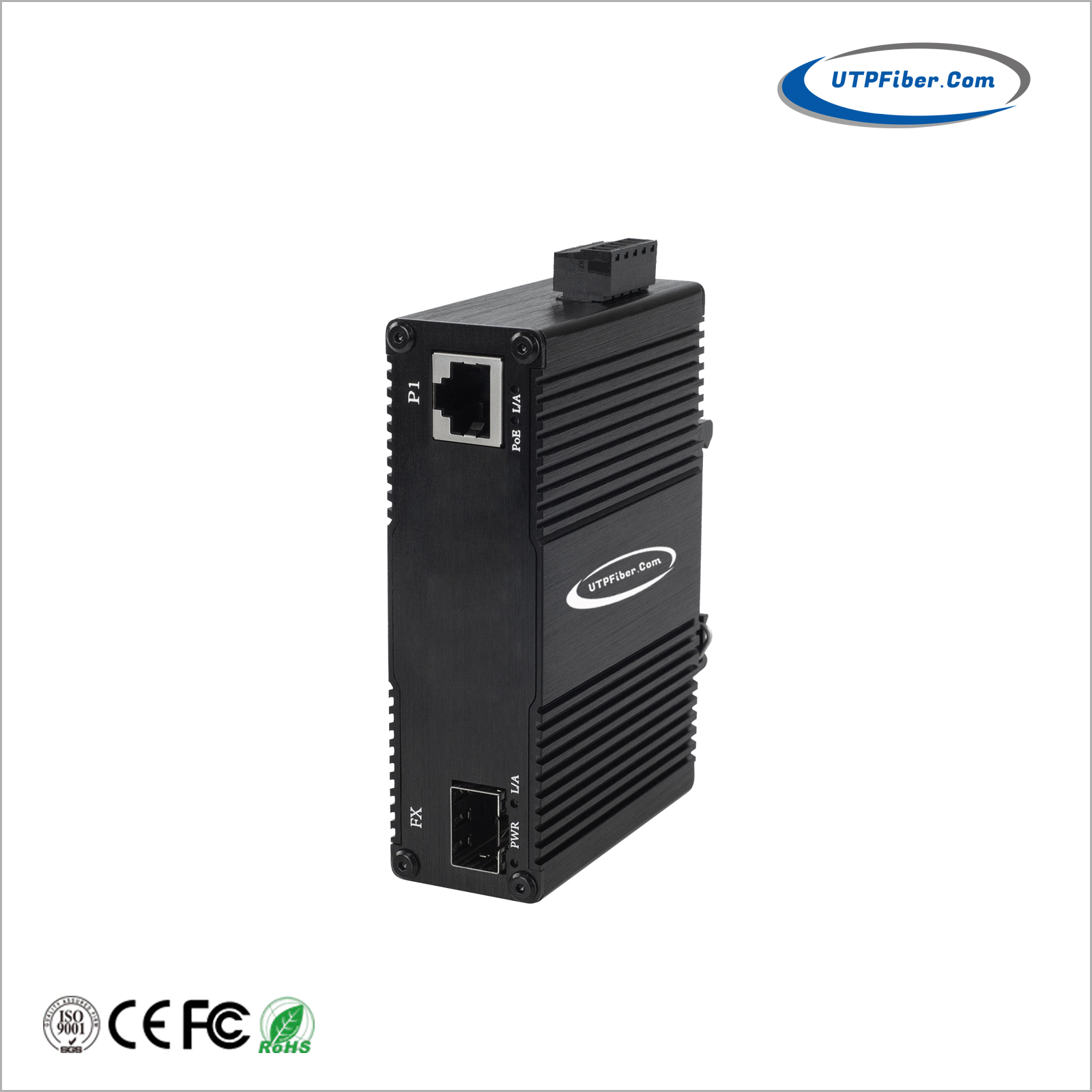 Industrial 10G/5G/2.5G/1G/100BASE-X SFP+ to 10/100/1G/2.5G/5G/10GBASE-T PoE+ Converter w 12V Booster