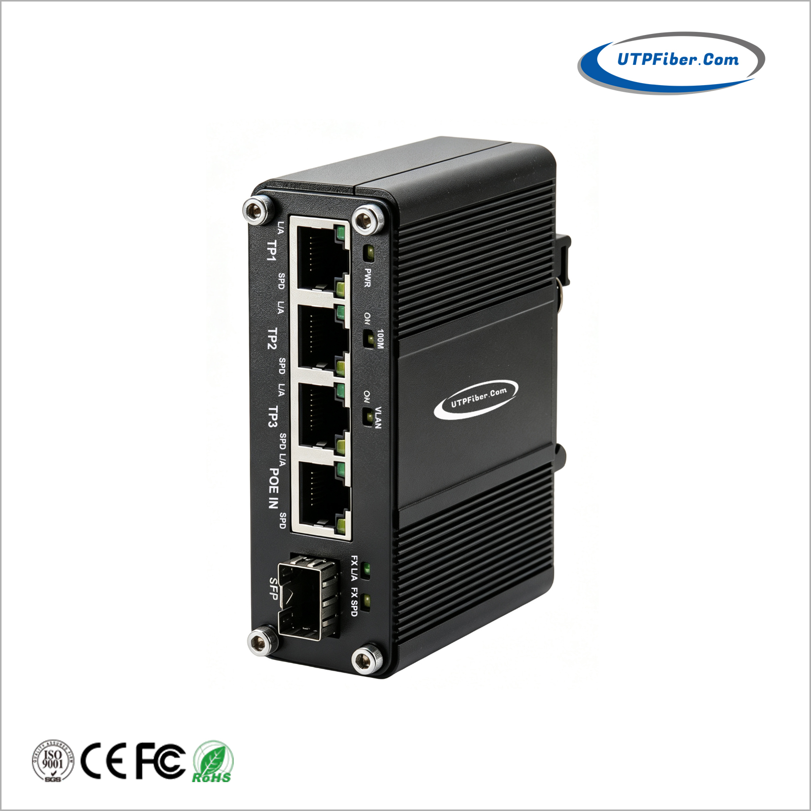 PoE Powered Mini Industrial 1-Port 100/1000X SFP to 4-Port 10/100/1000T Media Converter