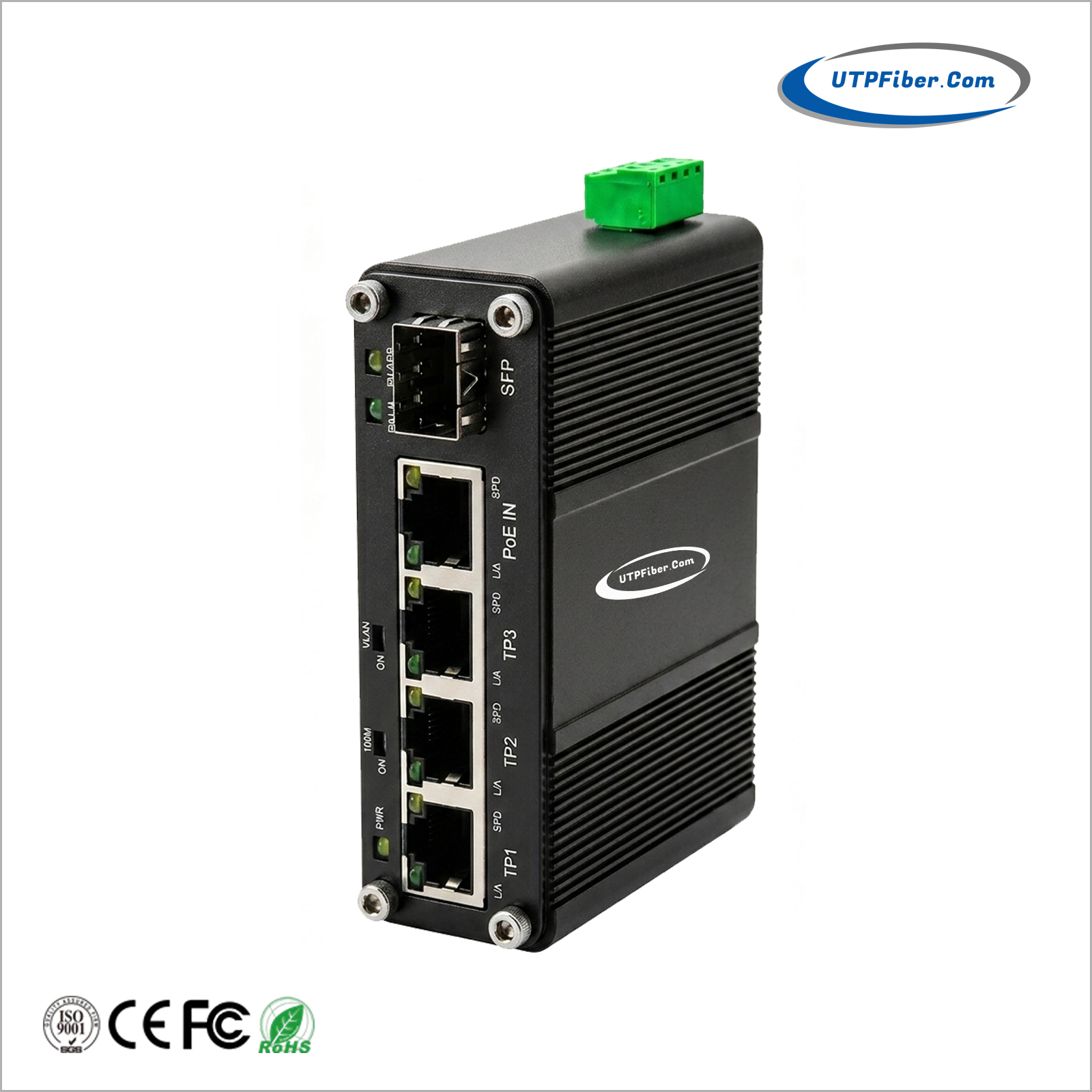 Mini Industrial 802.3bt PoE-Powered 4G+1SFP Media Converter with DC 12V/19V/24V Splitter