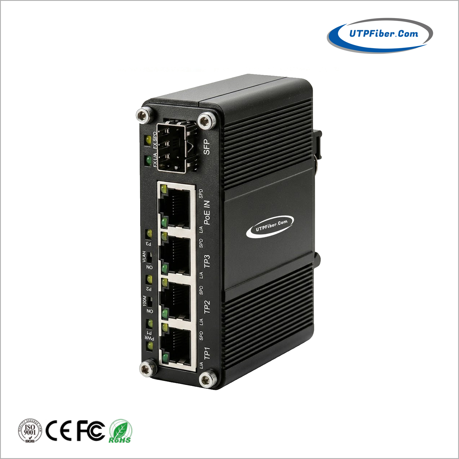 Mini Industrial 802.3bt PoE Powered 4G+1SFP Media Converter with 3-Port PoE Passthrough Extender